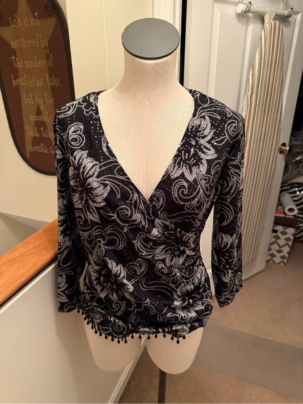 dressbarn Black & White Floral Wrap-Style Tunic with Pom Hem